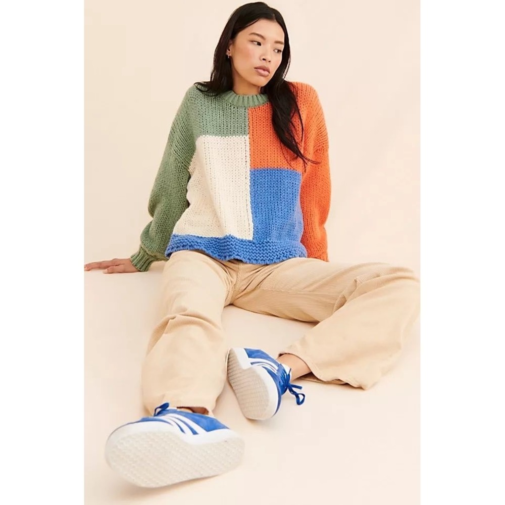 MinkPink Frankie Jumper Size Medium Colorblock Chunky Knit‎ Sweater Green Orange